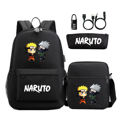 Naruto Usb Password Lock Youth Student Backpack Three Piece Set For Men And Women Backpack Set