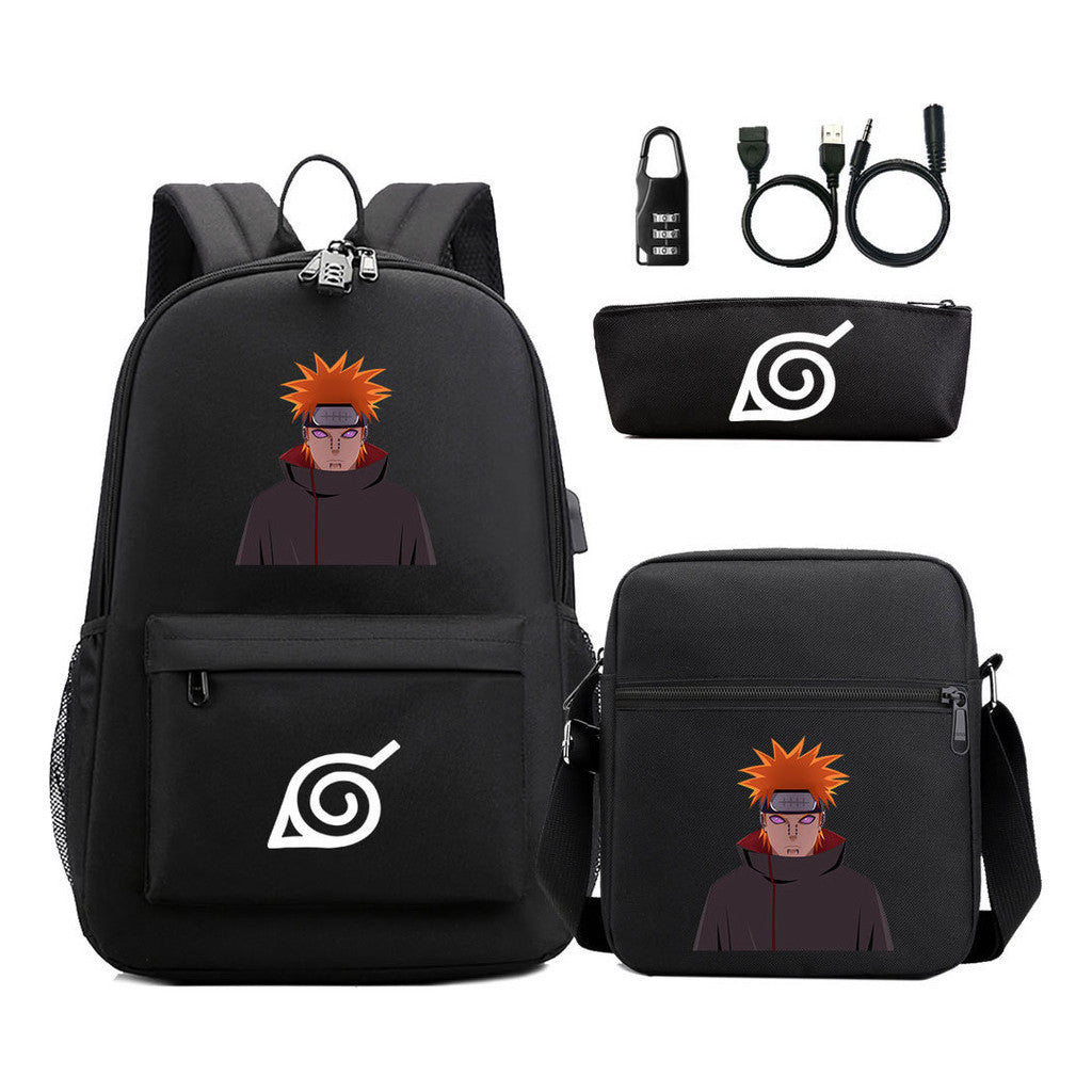 Naruto Usb Password Lock Backpack Three Piece Set For Men And Women Backpack Set