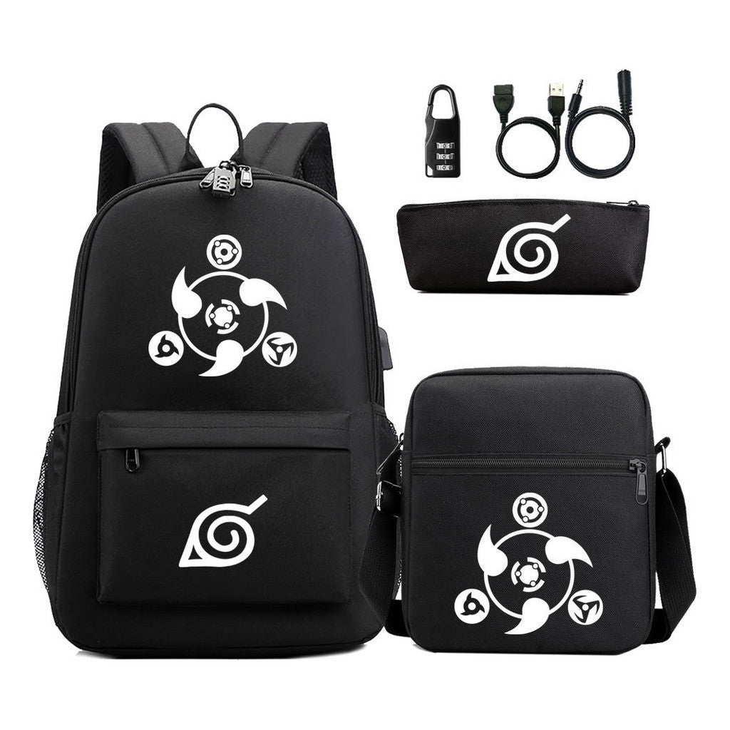 Fashionable Naruto Usb Password Lock Youth Student School Bag Three Piece Backpack Set
