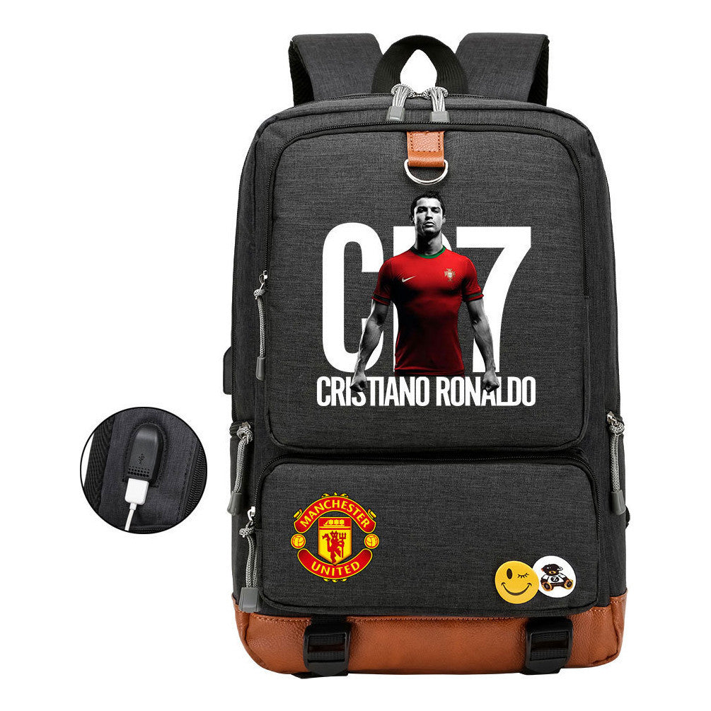 Football Star Cristiano Ronaldo Printed Usb Youth Student Backpack For Boys And Girls Leisure Travel Backpack