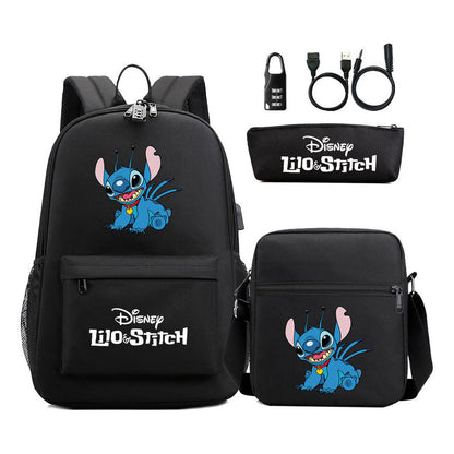 Interstellar Baby Stitch Usb Password Lock Youth Backpack 3-piece Set For Men And Women Backpacks
