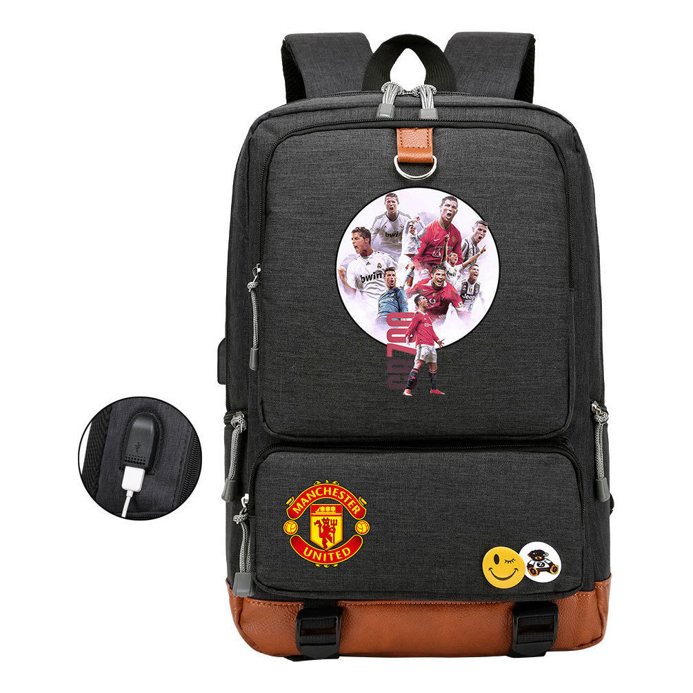 Football Star Cristiano Ronaldo Printed Usb Student Backpack For Leisure Travel Backpack