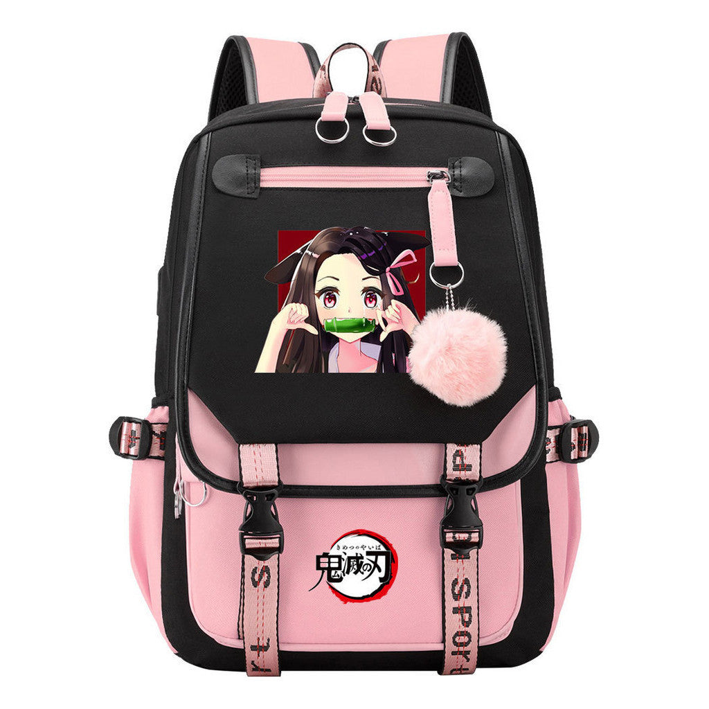 Cartoon Fashion Usb Youth Student Backpack Boy's And Girl's Leisure Ribbon Flip Backpack