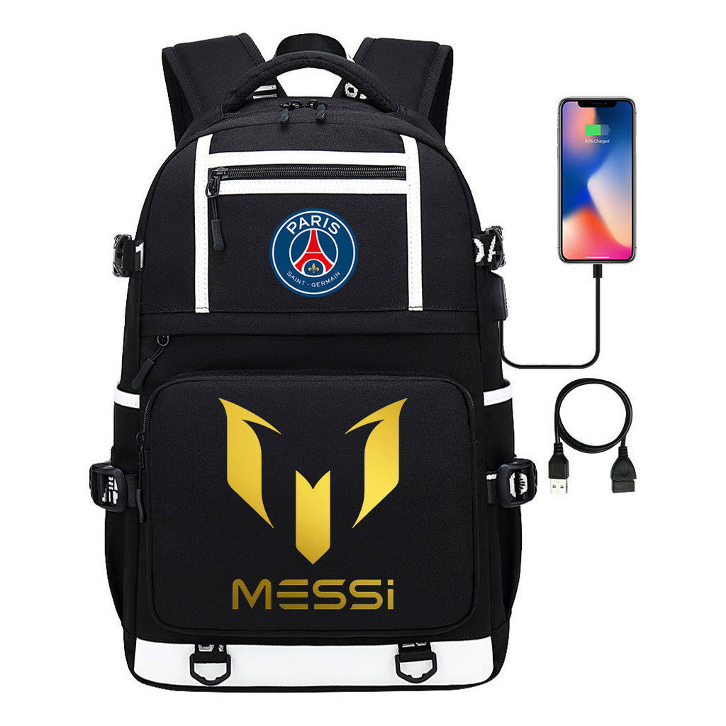 Gold Sports Football Star Printed Usb Youth School Bag Backpack Leisure Travel Backpack