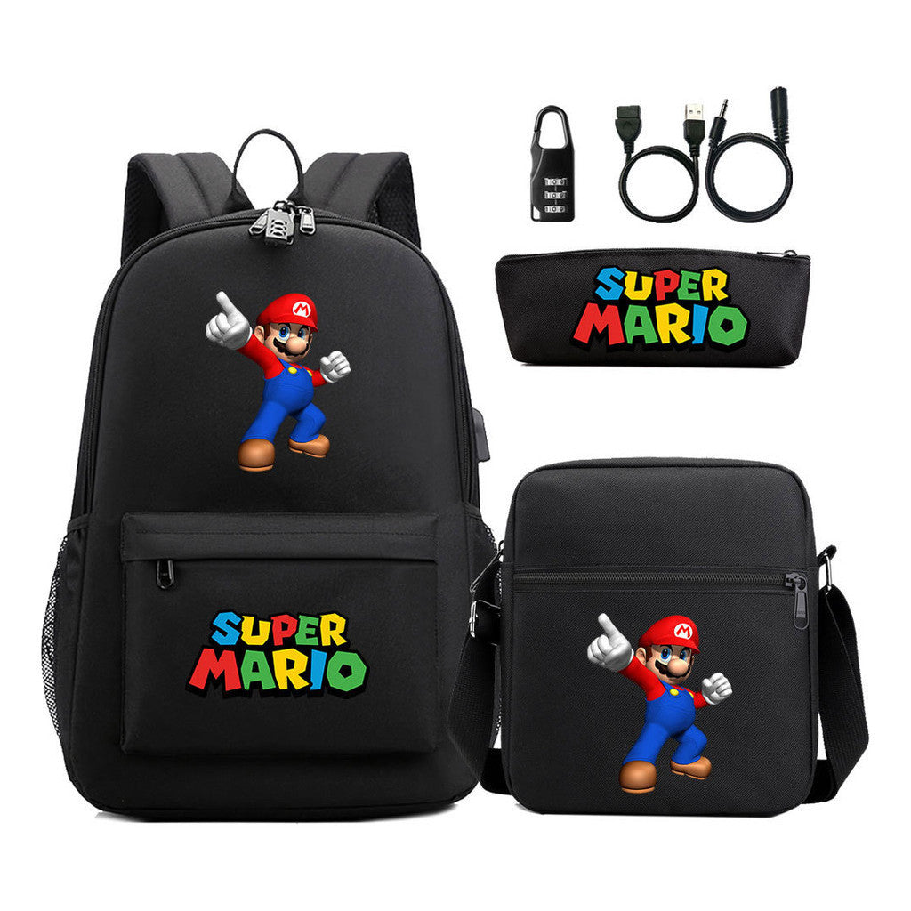 Super Mario Usb Password Lock Youth Student Backpack 3-piece Set For Men And Women Backpacks