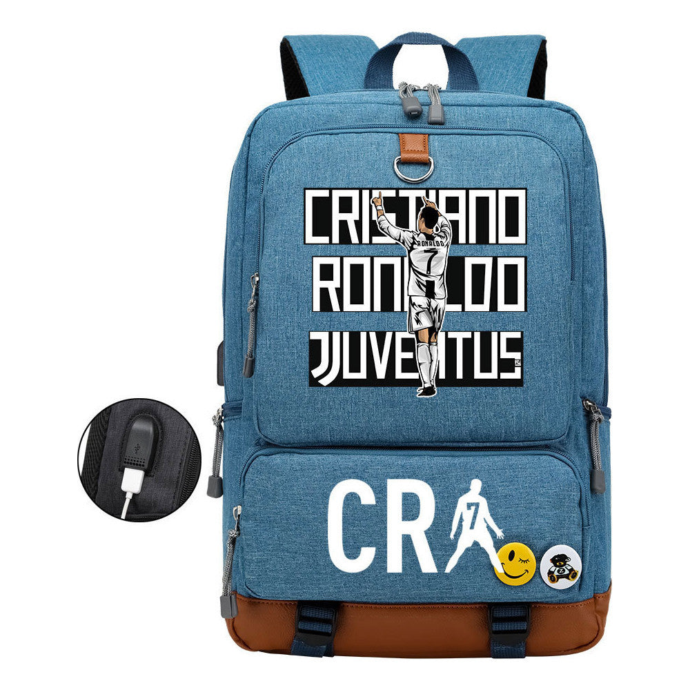 Football Star Cristiano Ronaldo Printed Usb Youth Student Backpack For Leisure Travel Backpack