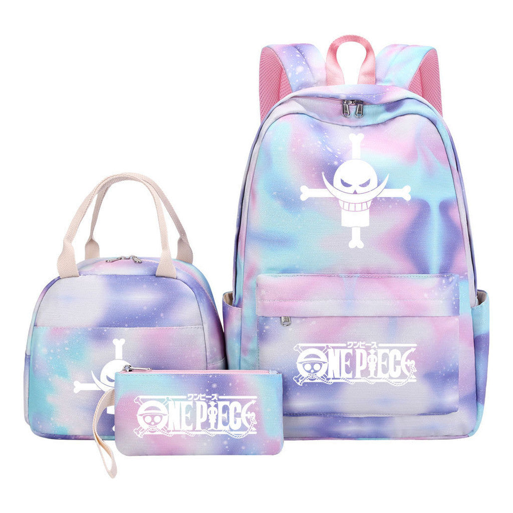 Cartoon Pirate King Youth Student Girls School Bag Lunch Bag Three Piece Set Backpack Set