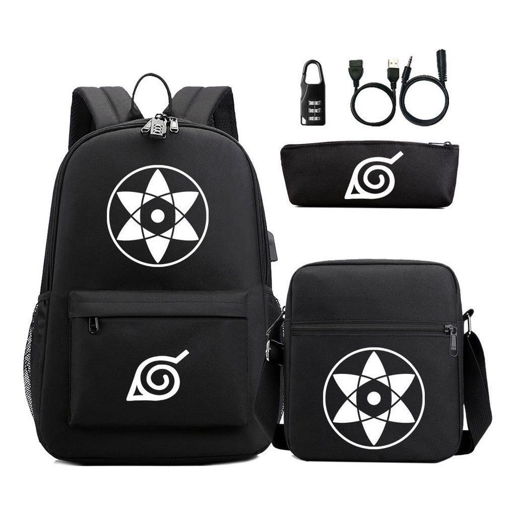 Fashionable Naruto Usb Password Lock Youth Student School Bag Three Piece Backpack Set