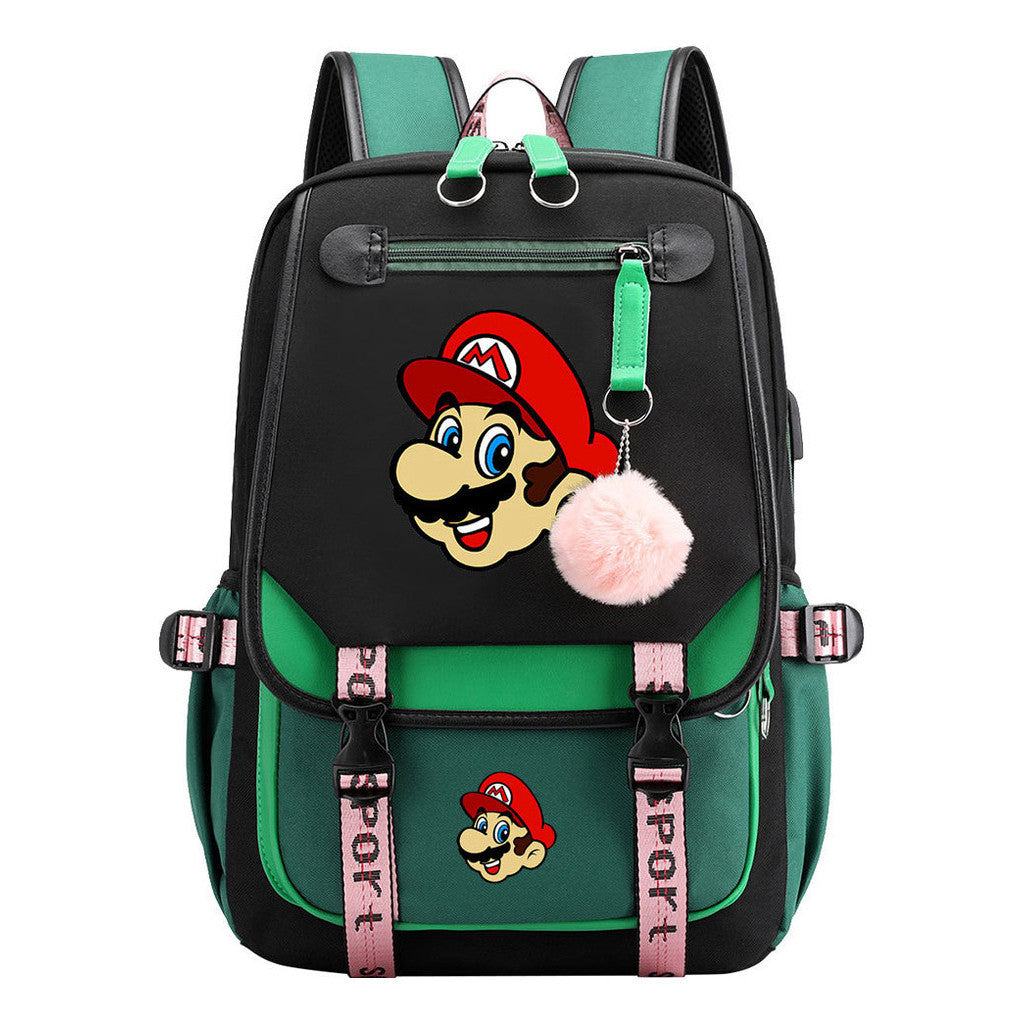 Super Mario Printed Usb Backpack Casual Woven Strap Flip Back Backpack