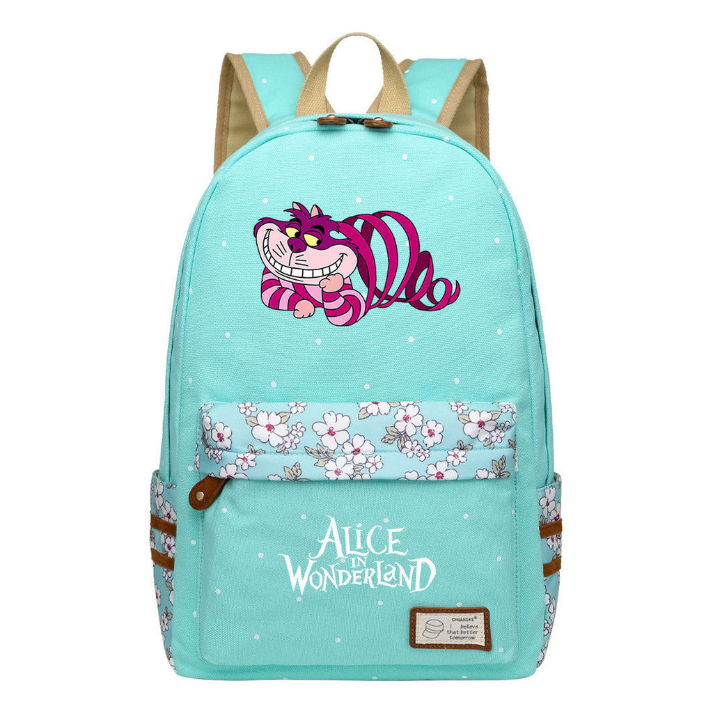 Anime Cartoon Cheshire Cat Print Student Backpack, Floral Casual Backpack
