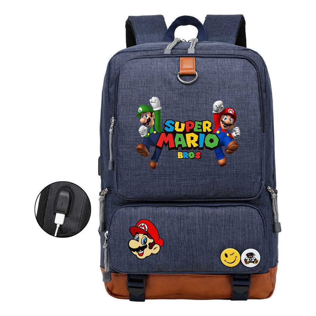 Super Mario Printed Usb Youth Student Backpack For Leisure Travel Backpack