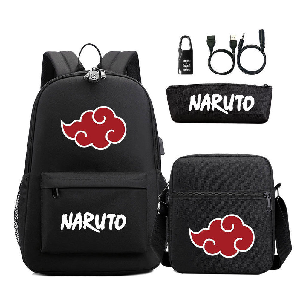 Naruto Usb Password Lock Youth Student Backpack Three Piece Set For Men And Women Backpack Set