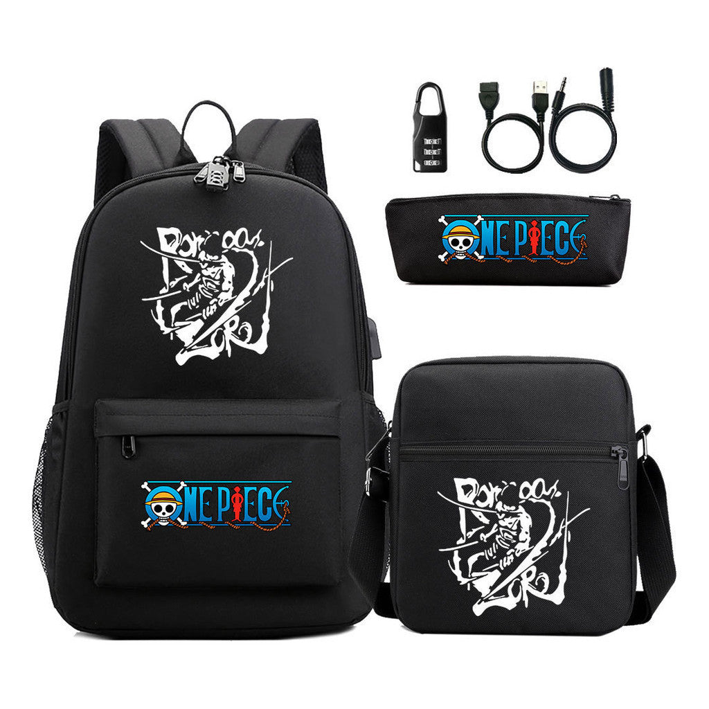 Cartoon Pirate King Usb Password Lock Youth Student School Bag Three Piece Set For Boys And Girls Backpack Set