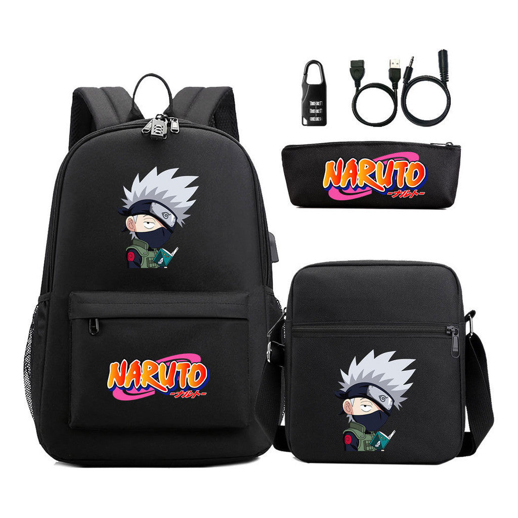 Naruto Usb Password Lock Youth Student Backpack Three Piece Set For Men And Women Backpacks