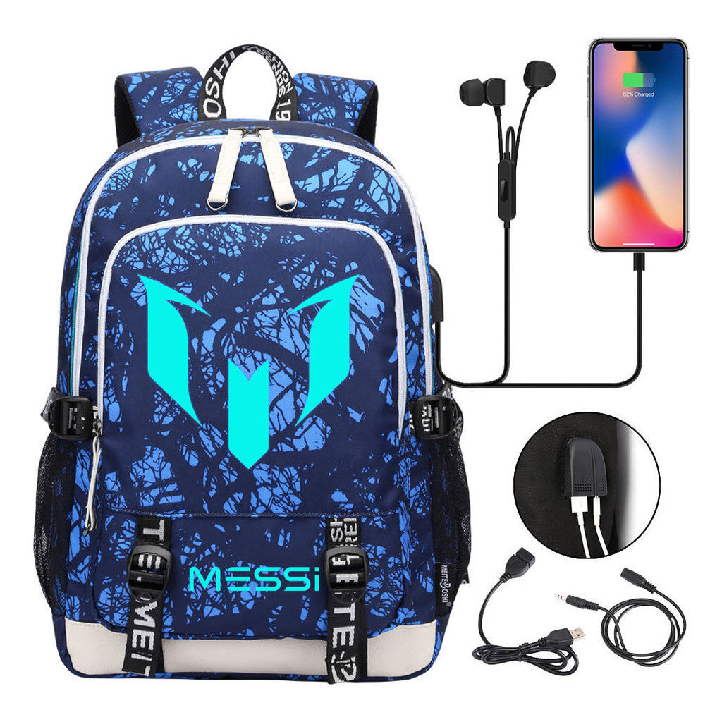 Blue Luminous Sports Football Star Teenagers Schoolbag Usb Leisure Backpack Men And Women