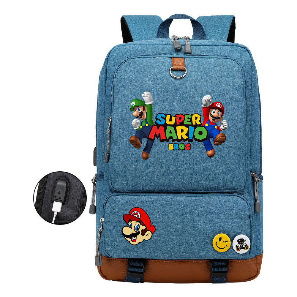 Super Mario Printed Usb Youth Student Backpack For Leisure Travel Backpack