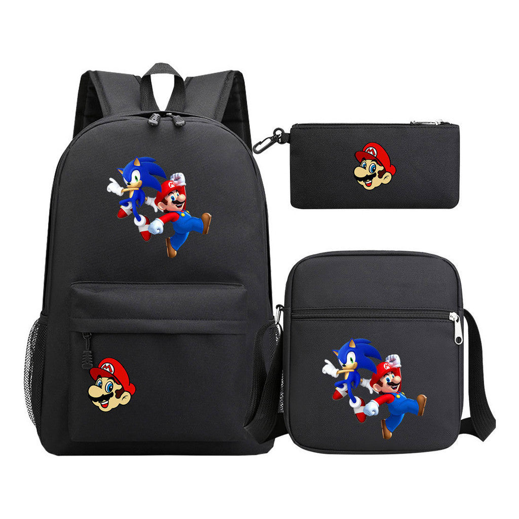 Super Mario Printed Student Backpack Three Piece Set For Men And Women's Backpack Set