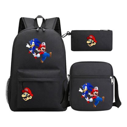 Super Mario Printed Student Backpack Three Piece Set For Men And Women's Backpack Set