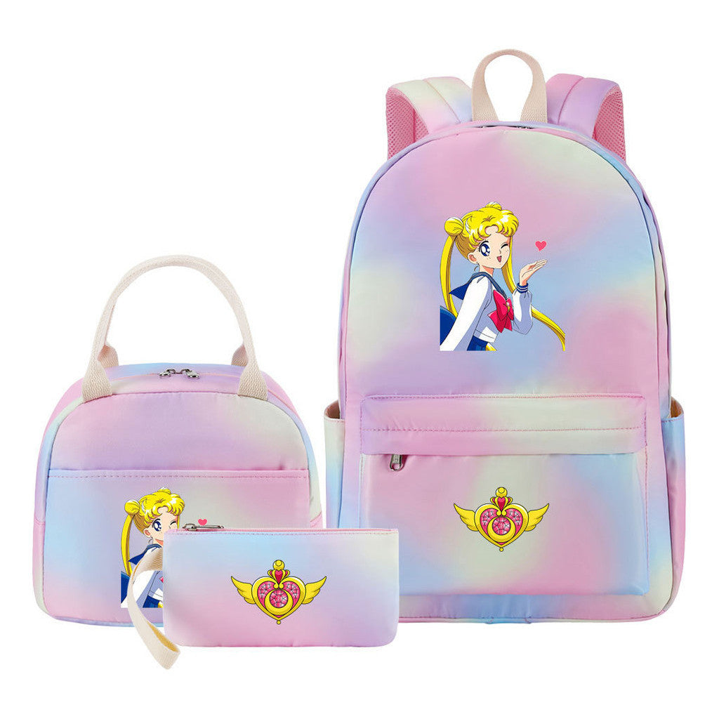 Anime Beauty Girl Warrior Girls School Bag Lunch Bag Three Piece Set Backpack Set