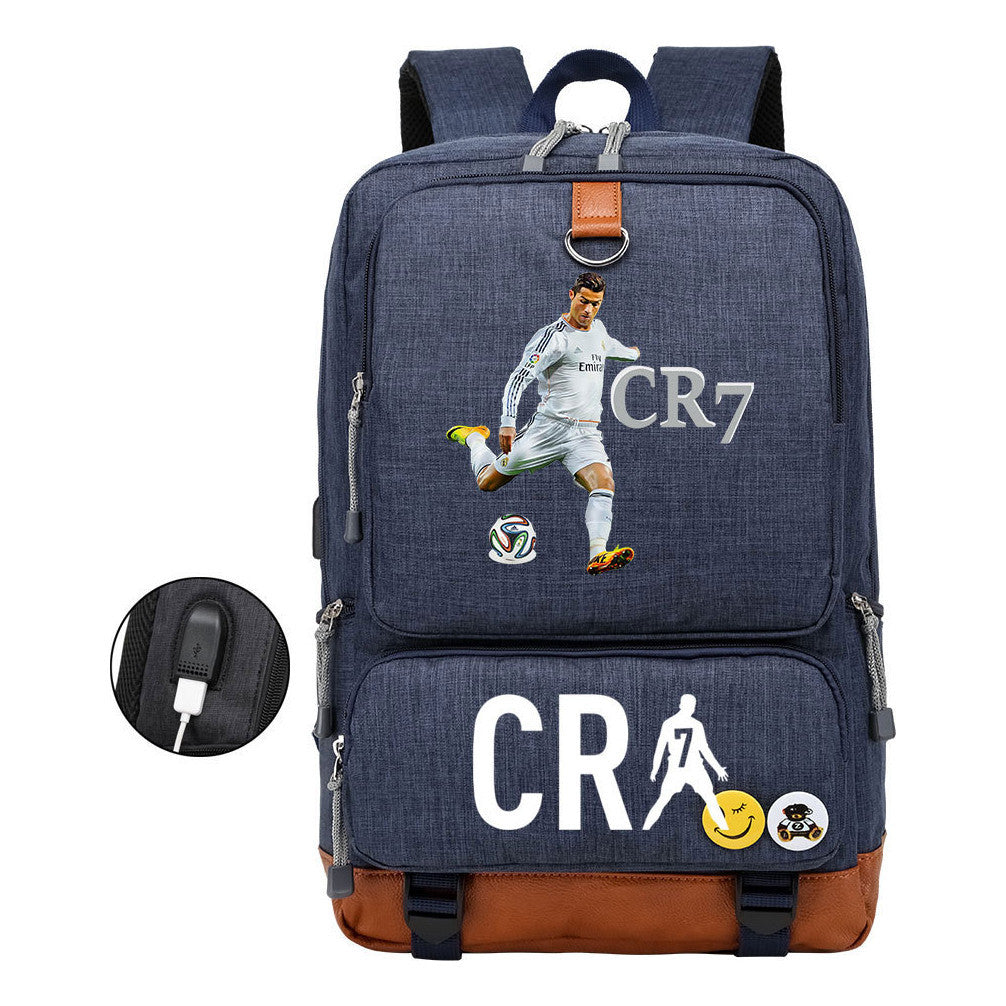 Football Star Cristiano Ronaldo Printed Usb Youth Primary And Secondary School Backpack For Boys And Girls Leisure Travel Backpack