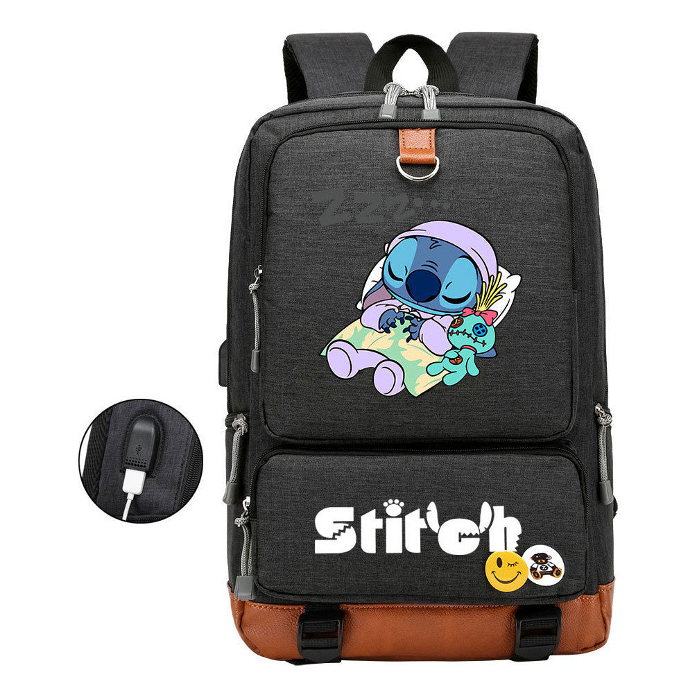 Anime Star Baby Stitch Printed Usb Youth Student Backpack For Men And Women's Leisure Travel Backpack