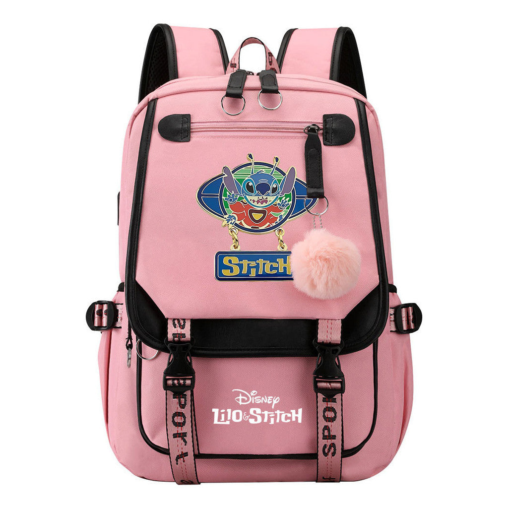 Interstellar Baby Stitch Usb Backpack For Boys And Girls, Casual Woven Strap Flip Back Backpack