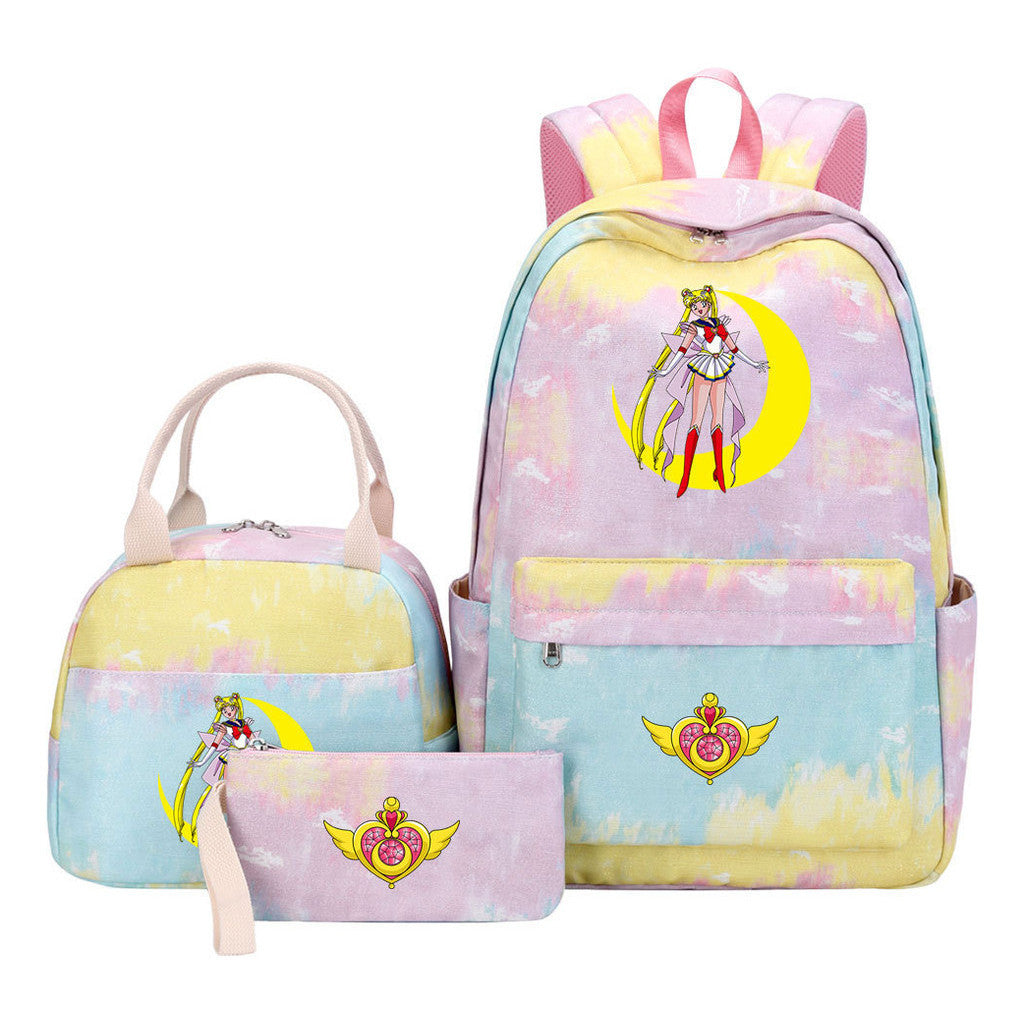 Anime Beauty Girl Warrior Student Girls School Bag Lunch Bag Three Piece Set Backpack Set