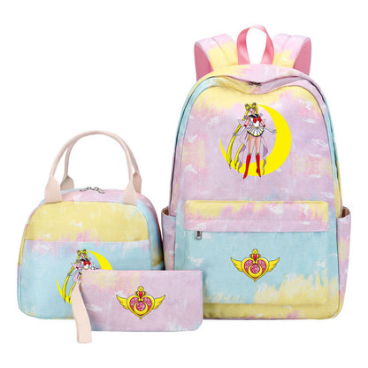 Anime Beauty Girl Warrior Student Girls School Bag Lunch Bag Three Piece Set Backpack Set