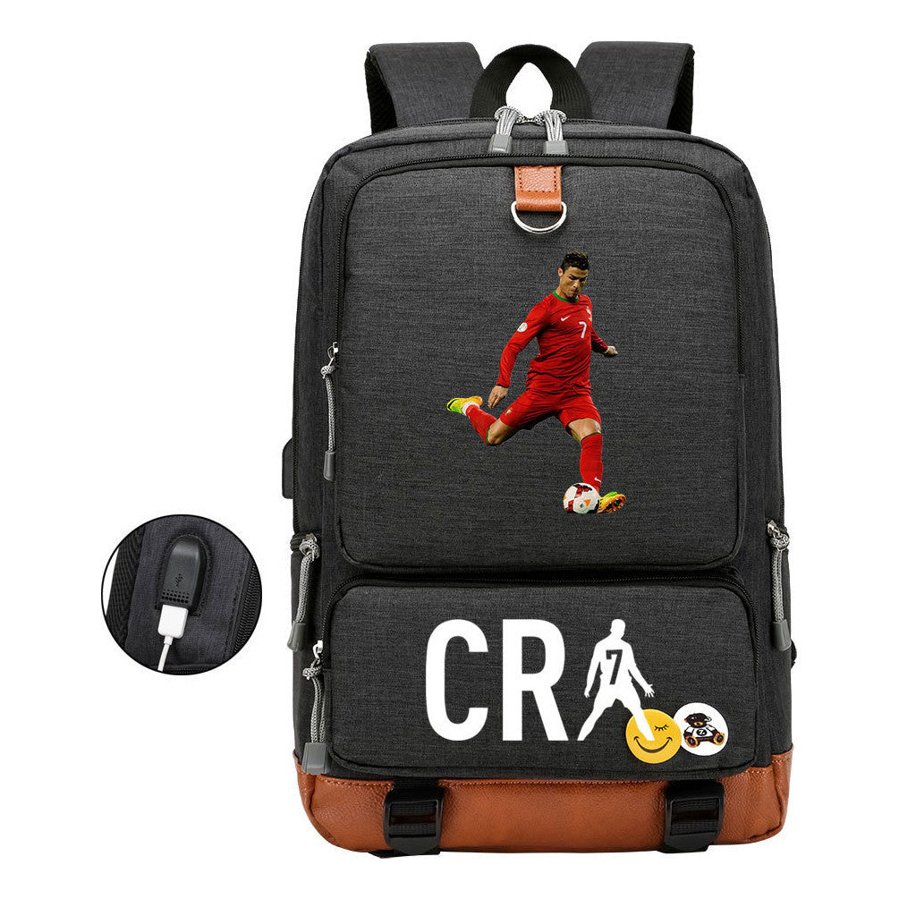 Football Star Cristiano Ronaldo Printed Usb Youth Primary And Secondary School Backpack For Boys And Girls Leisure Travel Backpack