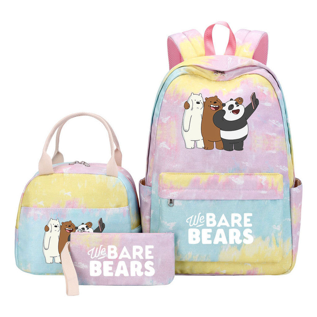 Cartoon Cute Three Bears Youth Student Girls School Bag Lunch Bag Three Piece Set Backpack Set
