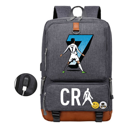 Football Star Cristiano Ronaldo Printed Usb Youth Primary And Secondary School Backpack For Boy And Girl's Leisure Travel Backpack