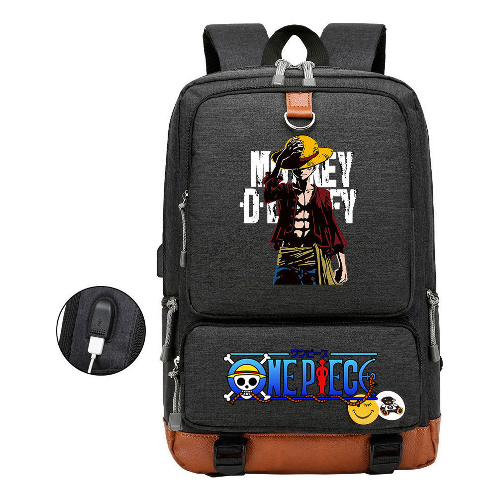 Cartoon Pirate King Print Usb Youth Backpack For Boys And Girls Leisure Travel Backpack