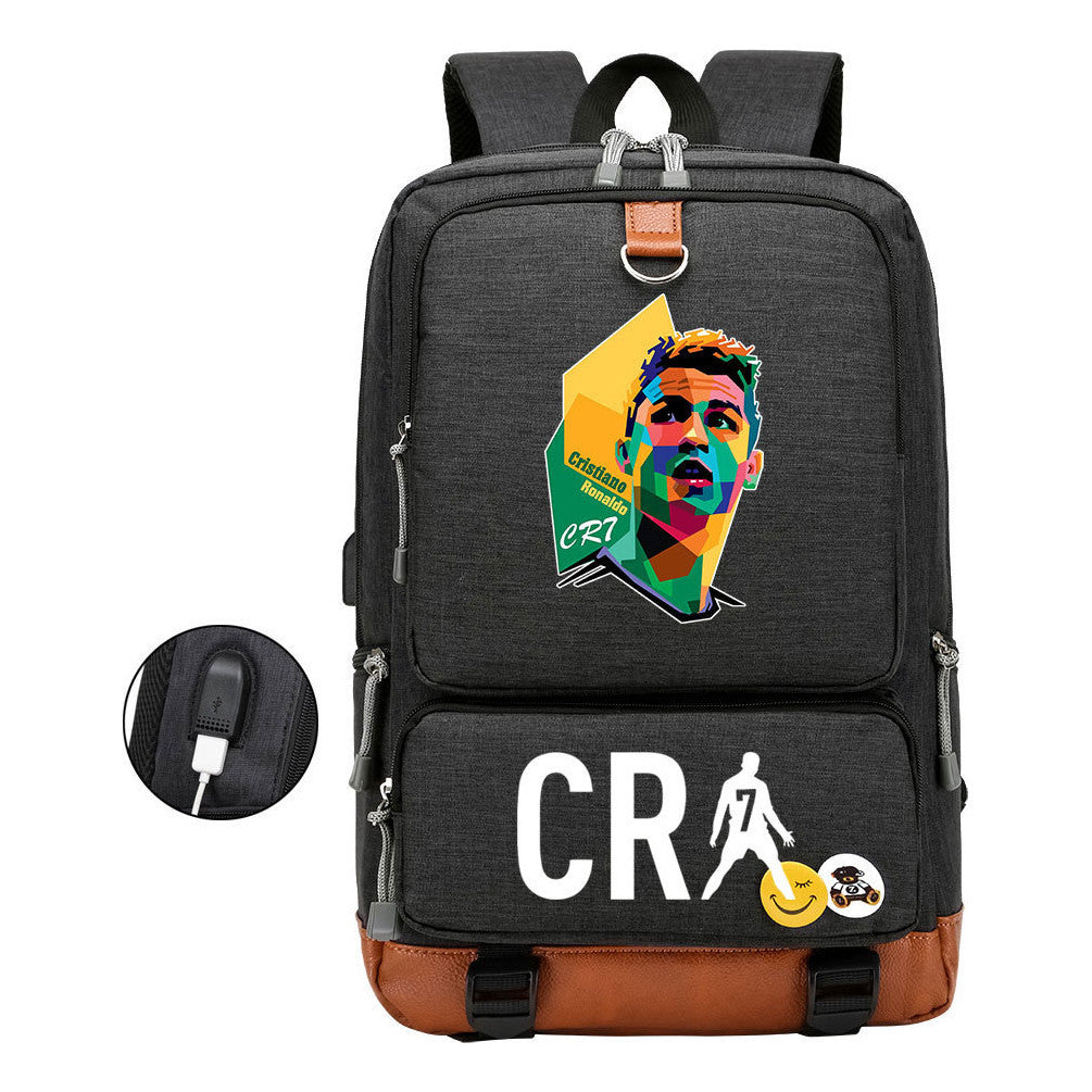 Football Star Cristiano Ronaldo Printed Usb Youth Primary And Secondary School Backpack For Boys And Girls Leisure Travel Backpack
