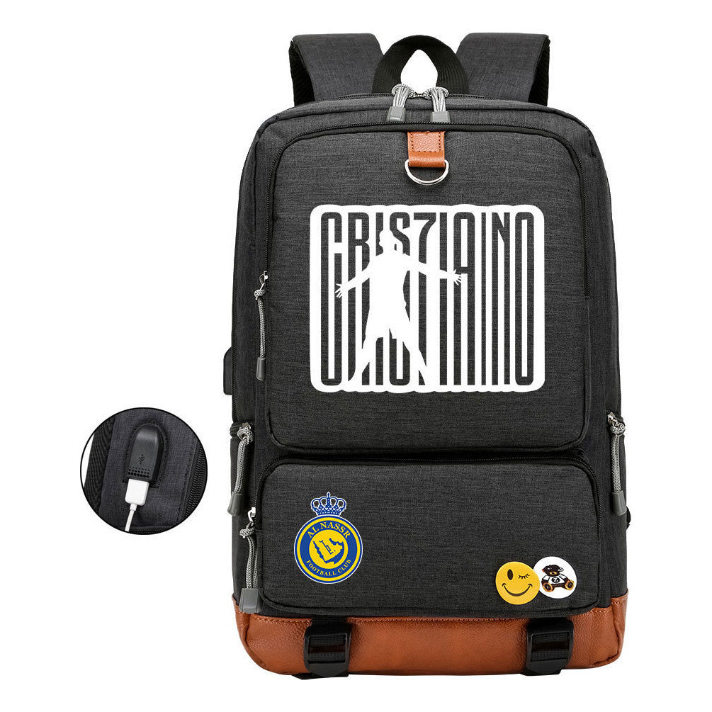 Football Star Cristiano Ronaldo Printed Usb Student Backpack Leisure Travel Backpack