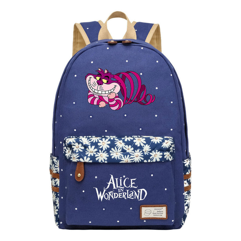 Anime Cartoon Cheshire Cat Print Student Backpack, Floral Casual Backpack