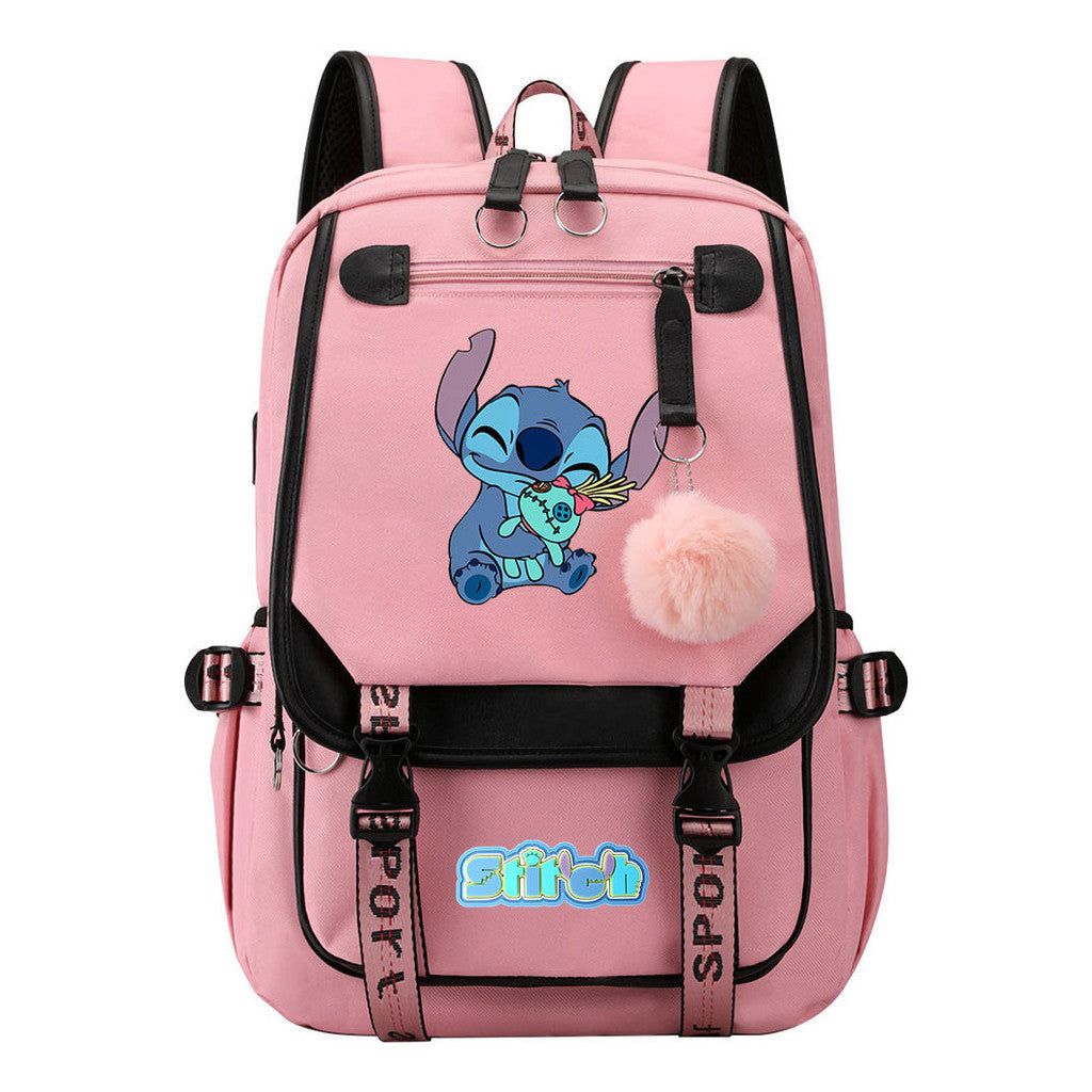 Interstellar Baby Stitch Usb Youth Backpack For Men And Women, Casual Woven Strap Flip Back Backpack