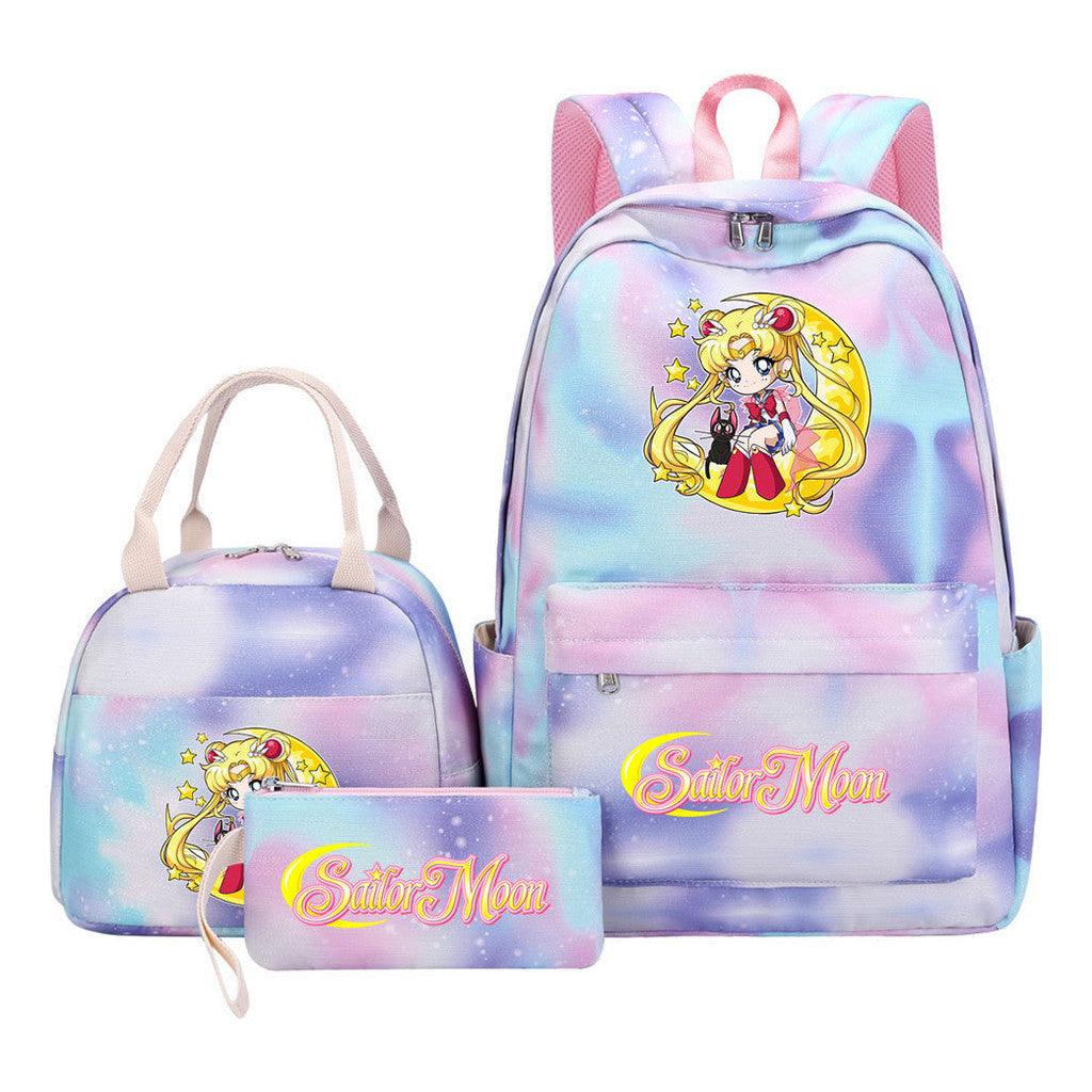 Beautiful Girl Warrior Student Schoolbag Lunch Bag Three Piece Set Backpack Cover