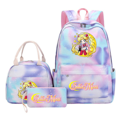 Beautiful Girl Warrior Student Schoolbag Lunch Bag Three Piece Set Backpack Cover