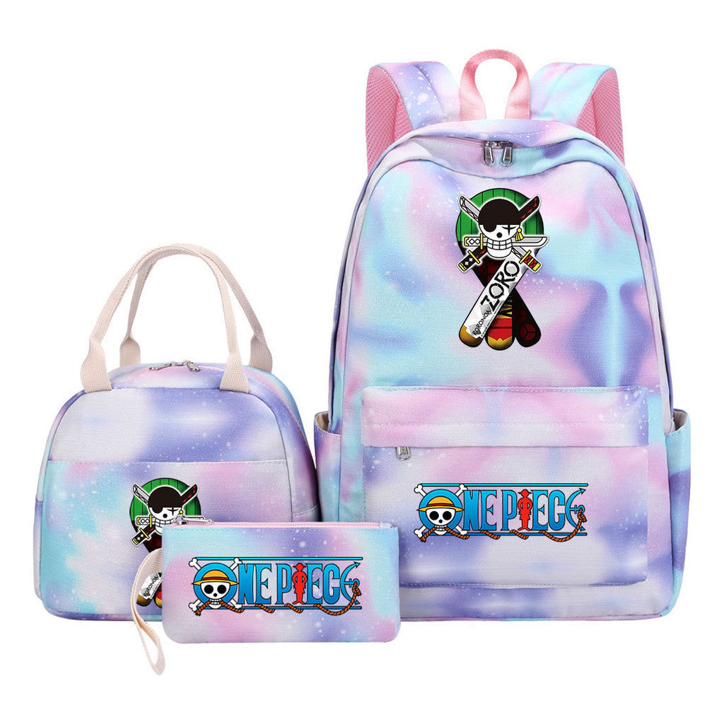 Cartoon Pirate King Youth Student Girls School Bag Lunch Bag Three Piece Set Backpack Set
