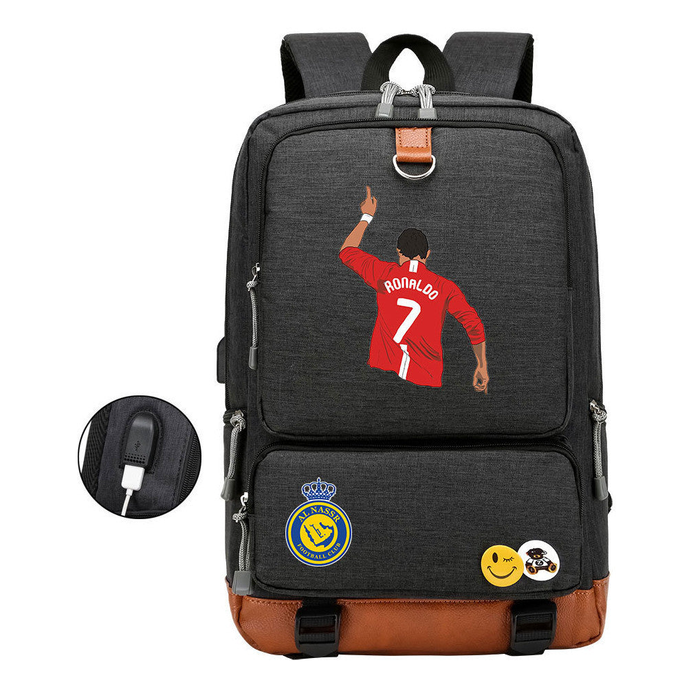 Football Star Cristiano Ronaldo Printed Usb Youth Student Backpack For Leisure Travel Backpack