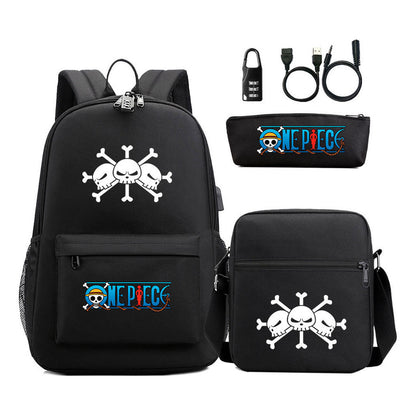 Cartoon Pirate King Usb Password Lock Youth Student School Bag Three Piece Set For Boys And Girls Backpack Set
