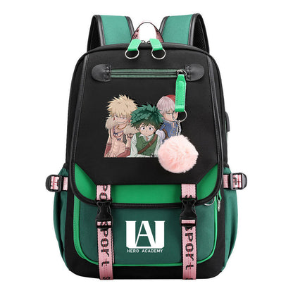 My Heroes Academy Usb Youth Student Backpack For Boys And Girls, Casual Woven Strap Flip Back Backpack
