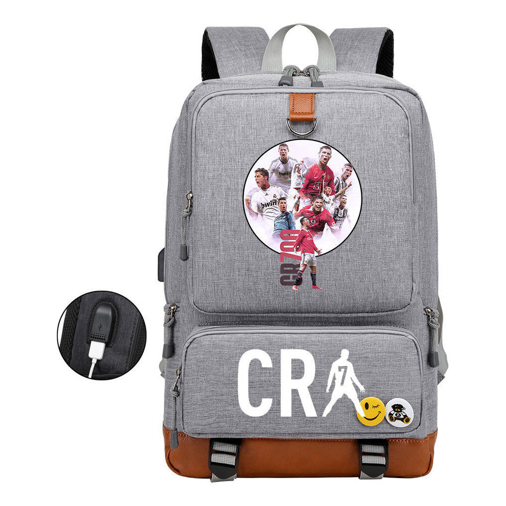 Football Star Cristiano Ronaldo Printed Usb Youth Primary And Secondary School Backpack For Boy And Girl's Leisure Travel Backpack