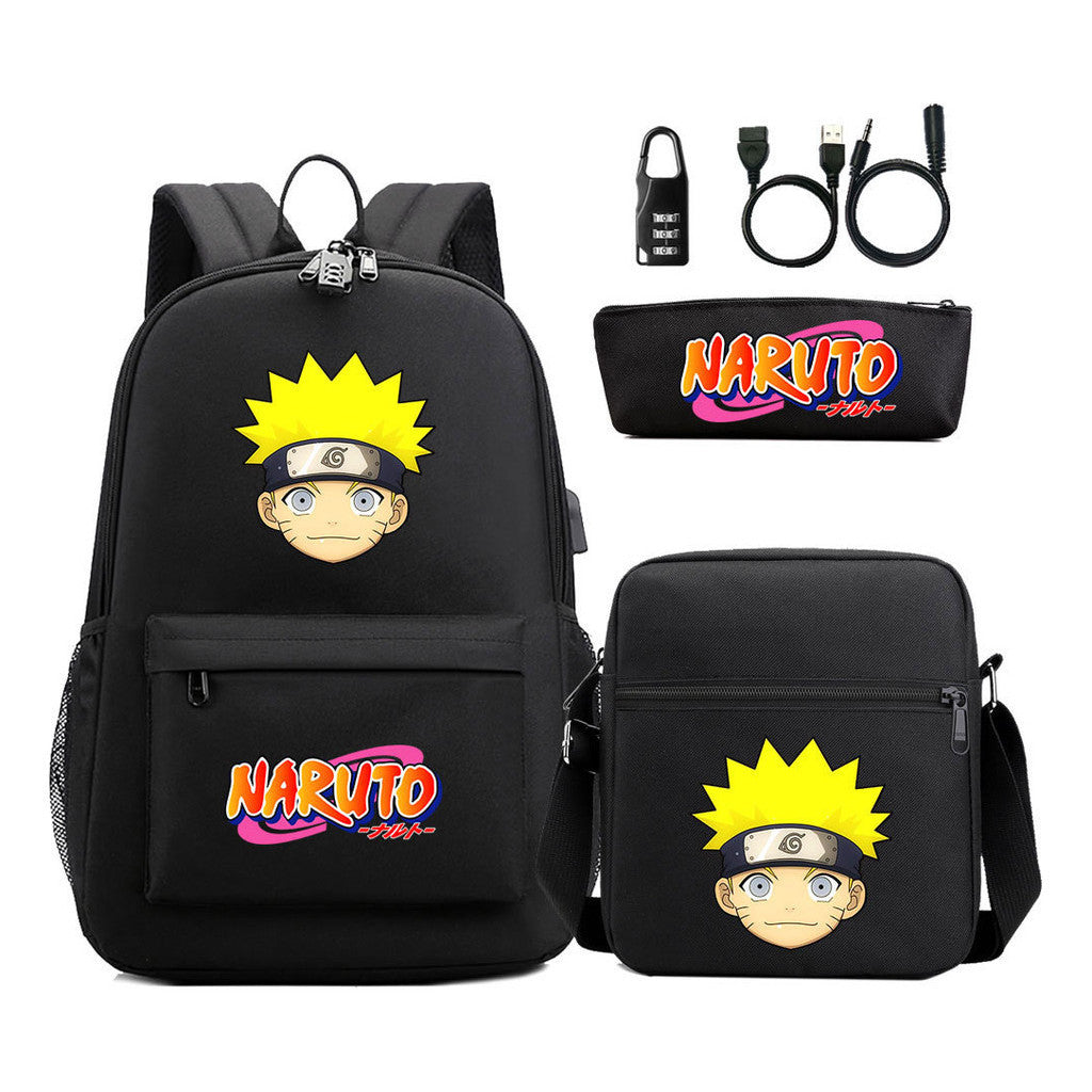 Naruto Usb Password Lock Youth Student Backpack Three Piece Set For Men And Women Backpacks