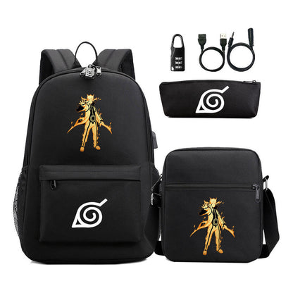 Fashionable Naruto Usb Password Lock Youth Student School Bag Three Piece Backpack Set