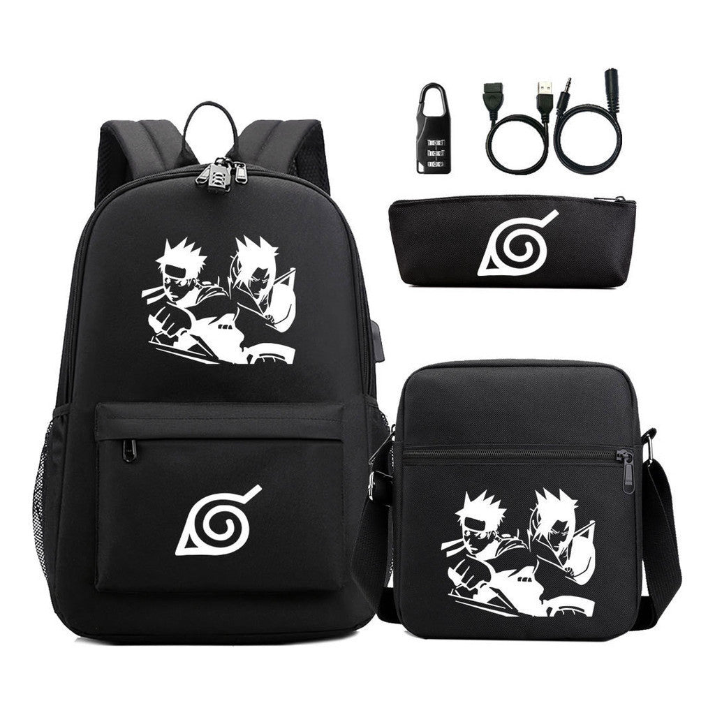 Fashionable Naruto Usb Password Lock Youth Student School Bag Three Piece Backpack Set