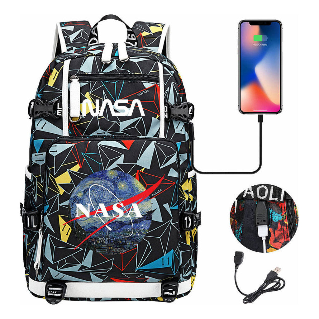 Nasa Fashion Printed Usb Student Backpack For Leisure Travel Backpack