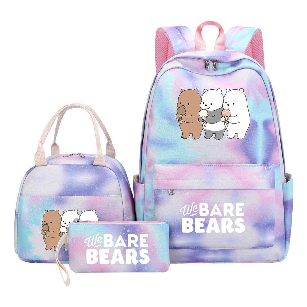Cartoon Cute Three Bears Youth Student Girls School Bag Lunch Bag Three Piece Set Backpack Set