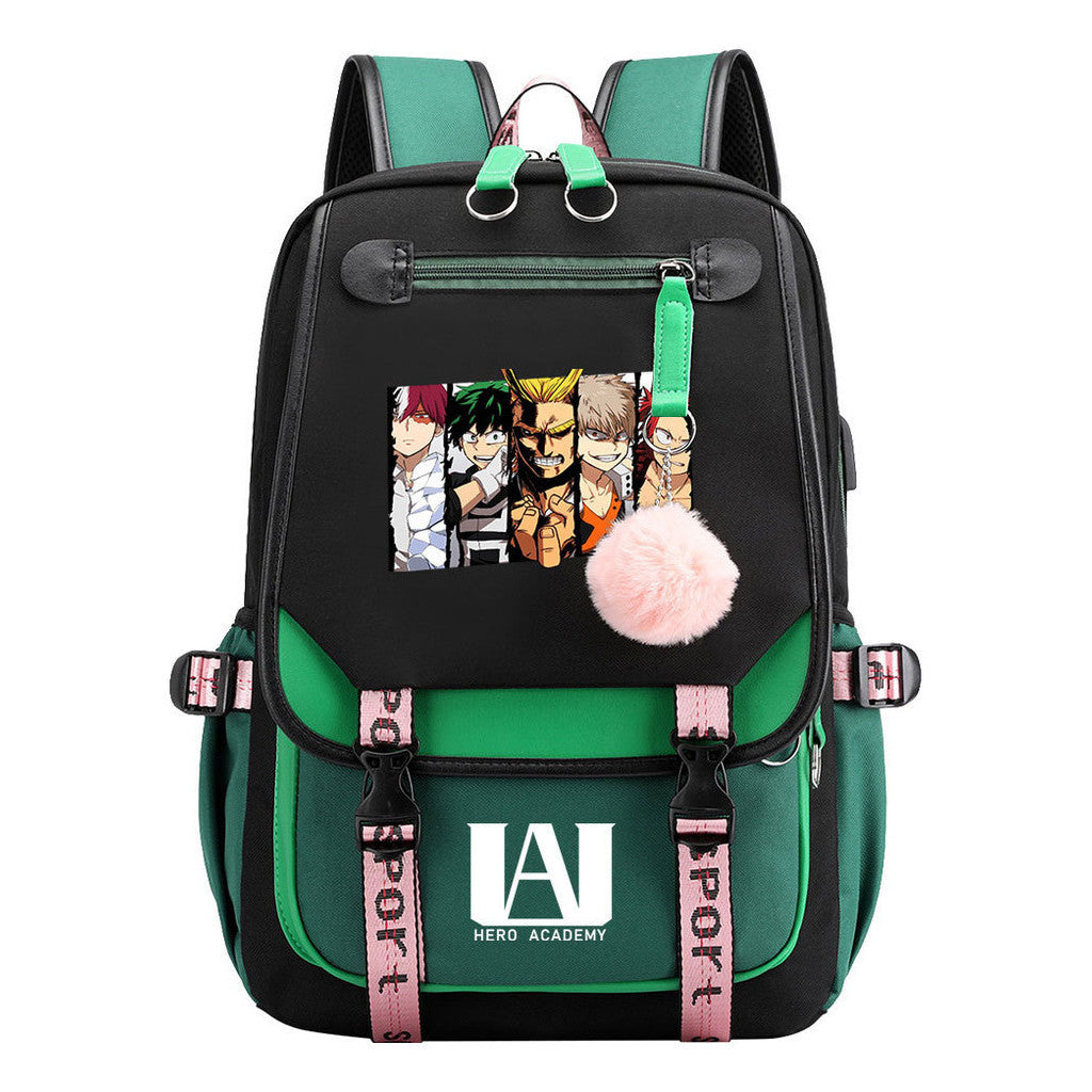 Comics My Heroes Academy Usb Student Backpack Casual Ribbon Flip Backpack