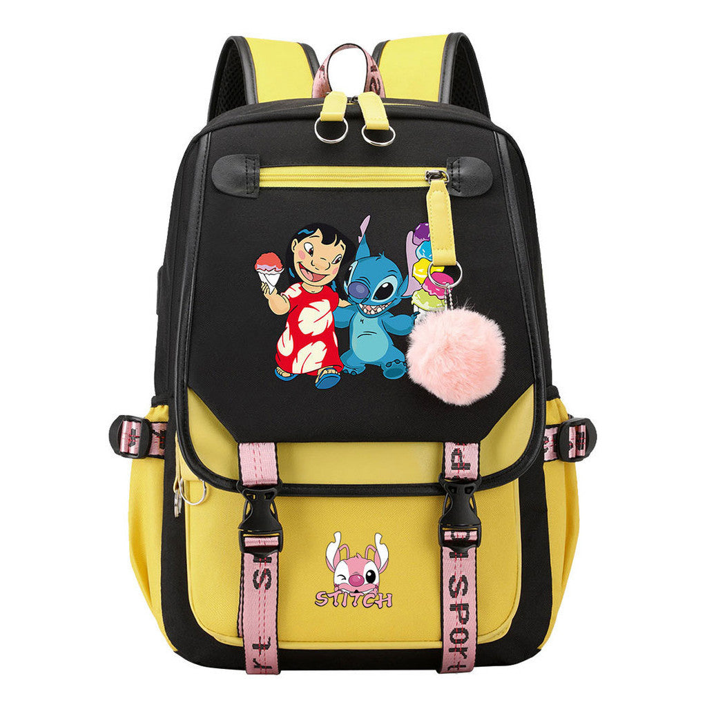 Interstellar Baby Stitch Usb Youth School Bag Casual Ribbon Flip Backpack